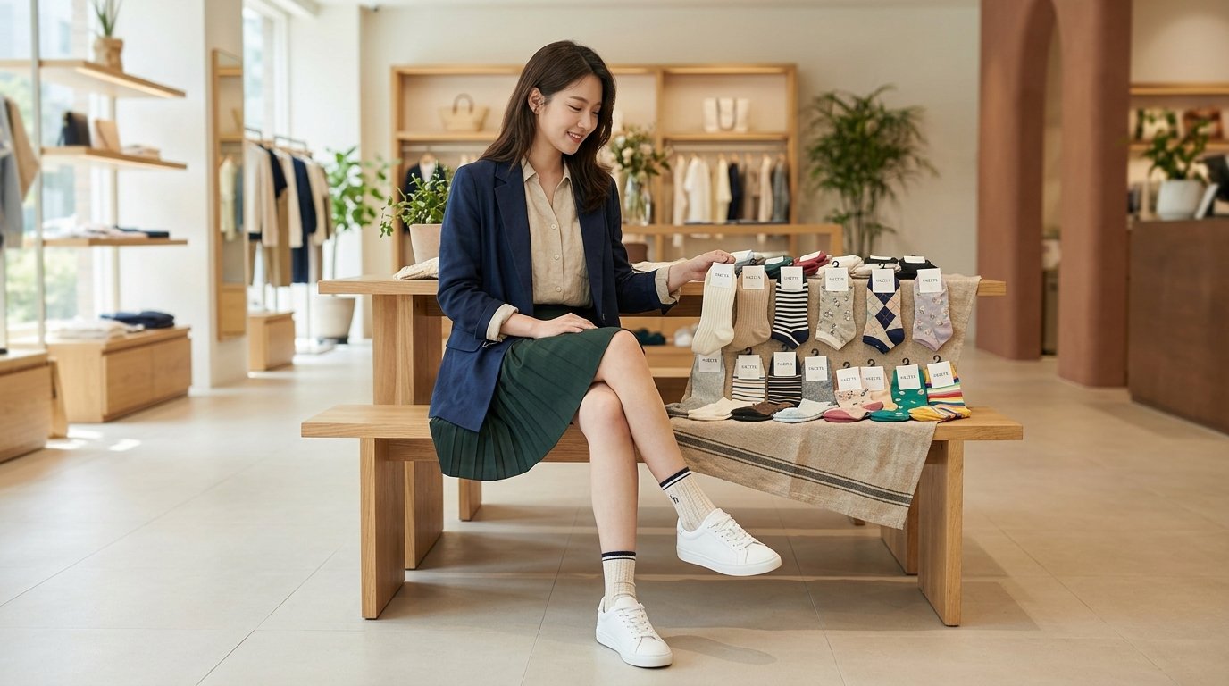 다양한 여성용 양말이 카펫 위에 놓여 있다