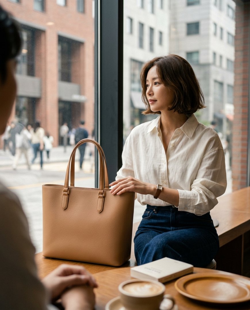 도시 배경에서 심플한 스타일로 토트백을 든 여성