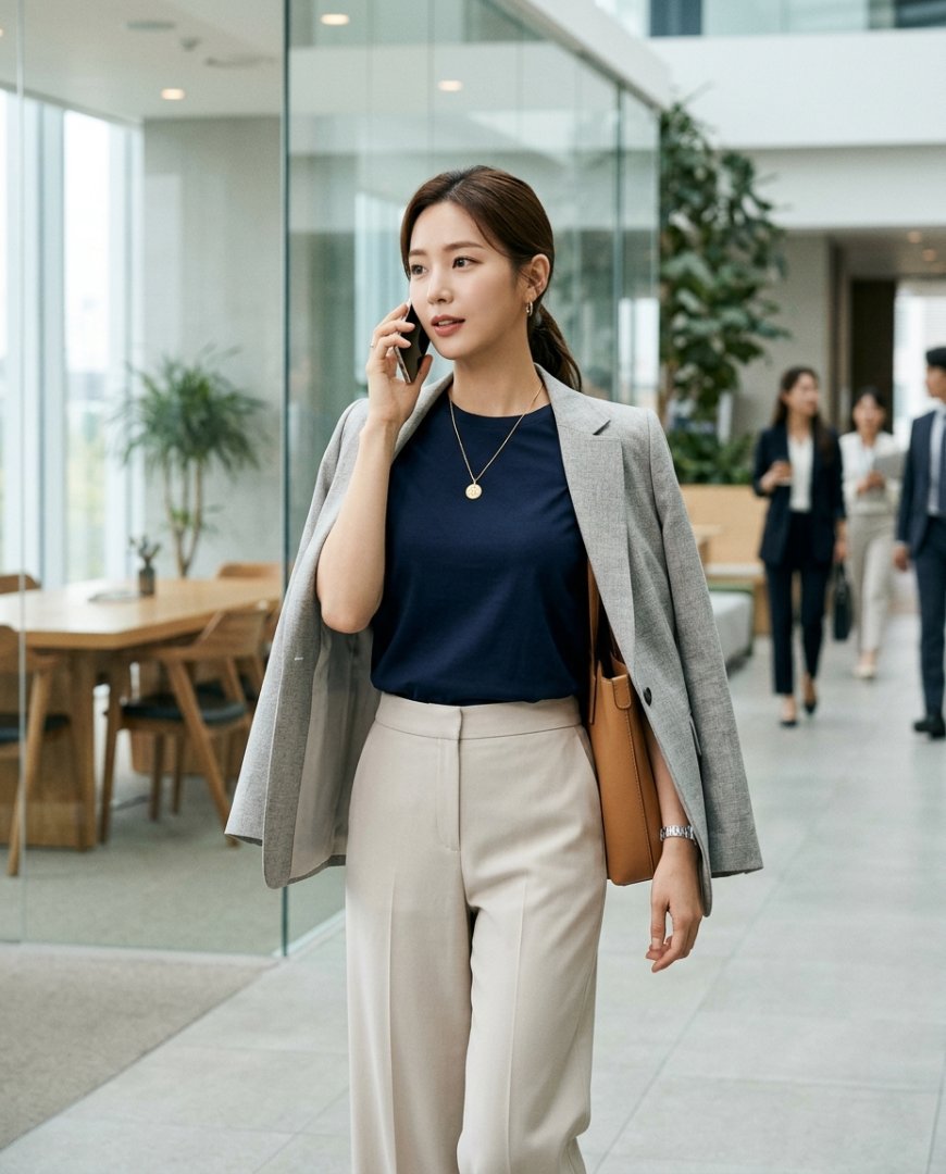 사무실 책상에 앉아 노트북을 사용하는 여성