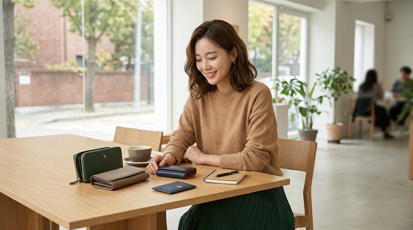 작업 공간에 다양한 헤지스 여성 지갑이 펼쳐져 있습니다.