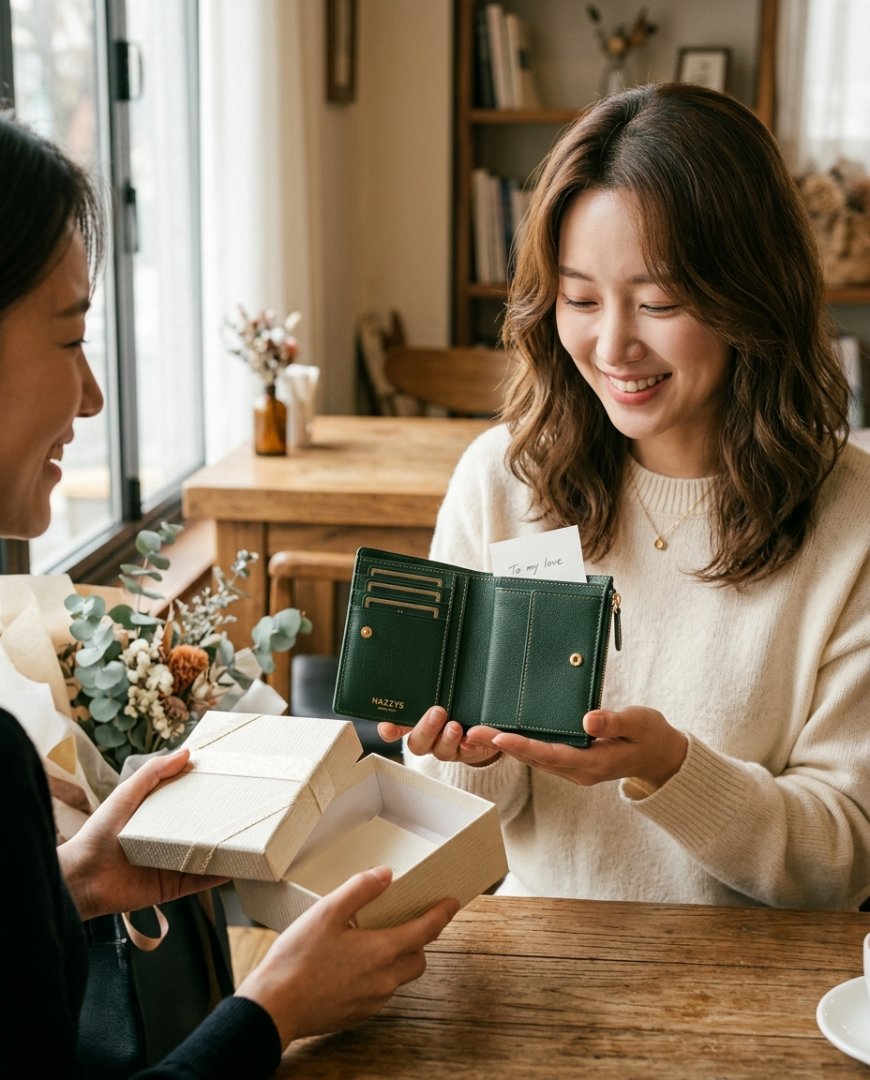 리본으로 장식된 소가죽 브라운 지갑이 선물 상자에 담겨 있습니다.