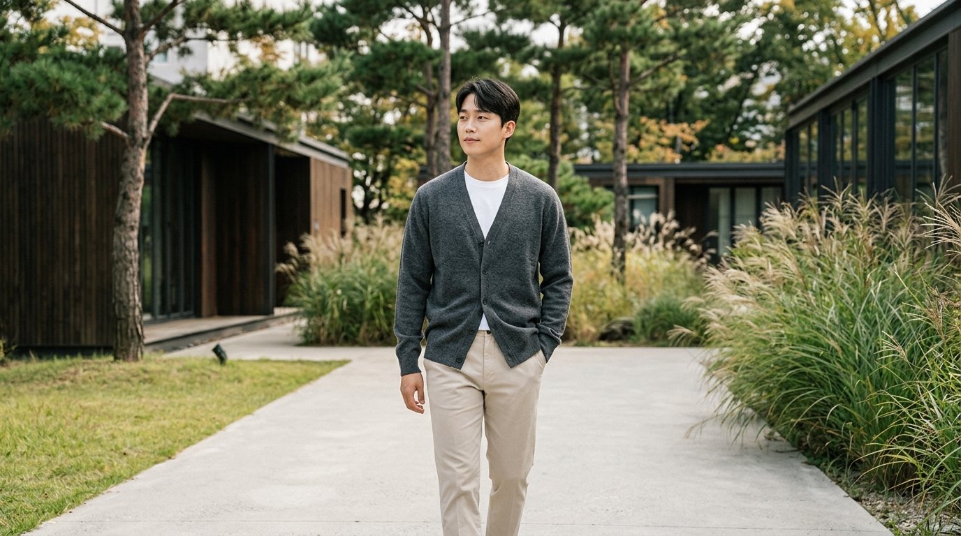 다양한 형태의 가디건이 넓은 옷장에 걸려 있는 모습