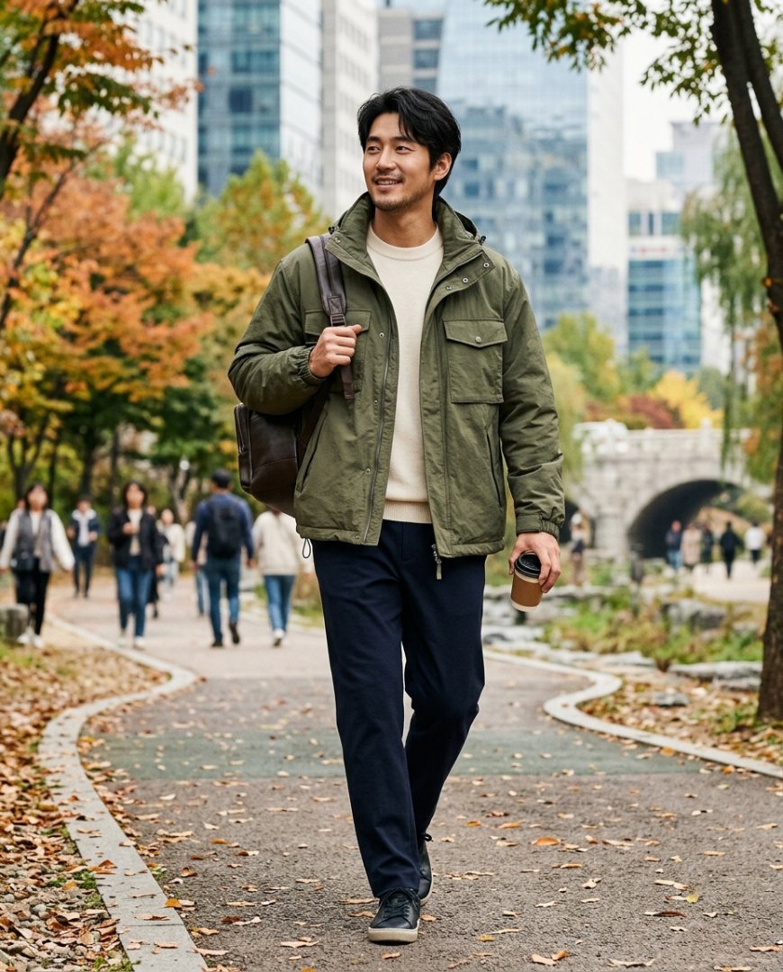 도심 속에서 세련된 스타일의 점퍼를 입은 인물