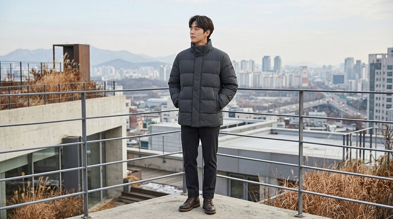 사람들이 다운점퍼를 입고 도심 거리를 걸어가는 모습