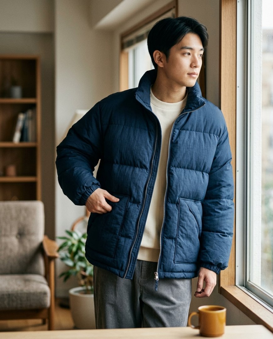 캐주얼한 데님과 니트에 다운점퍼를 착용한 모습