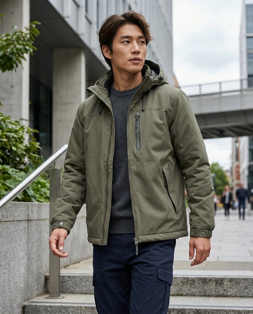 도시에서 레이어드 스타일로 검은 점퍼와 데님을 입고 있는 모습