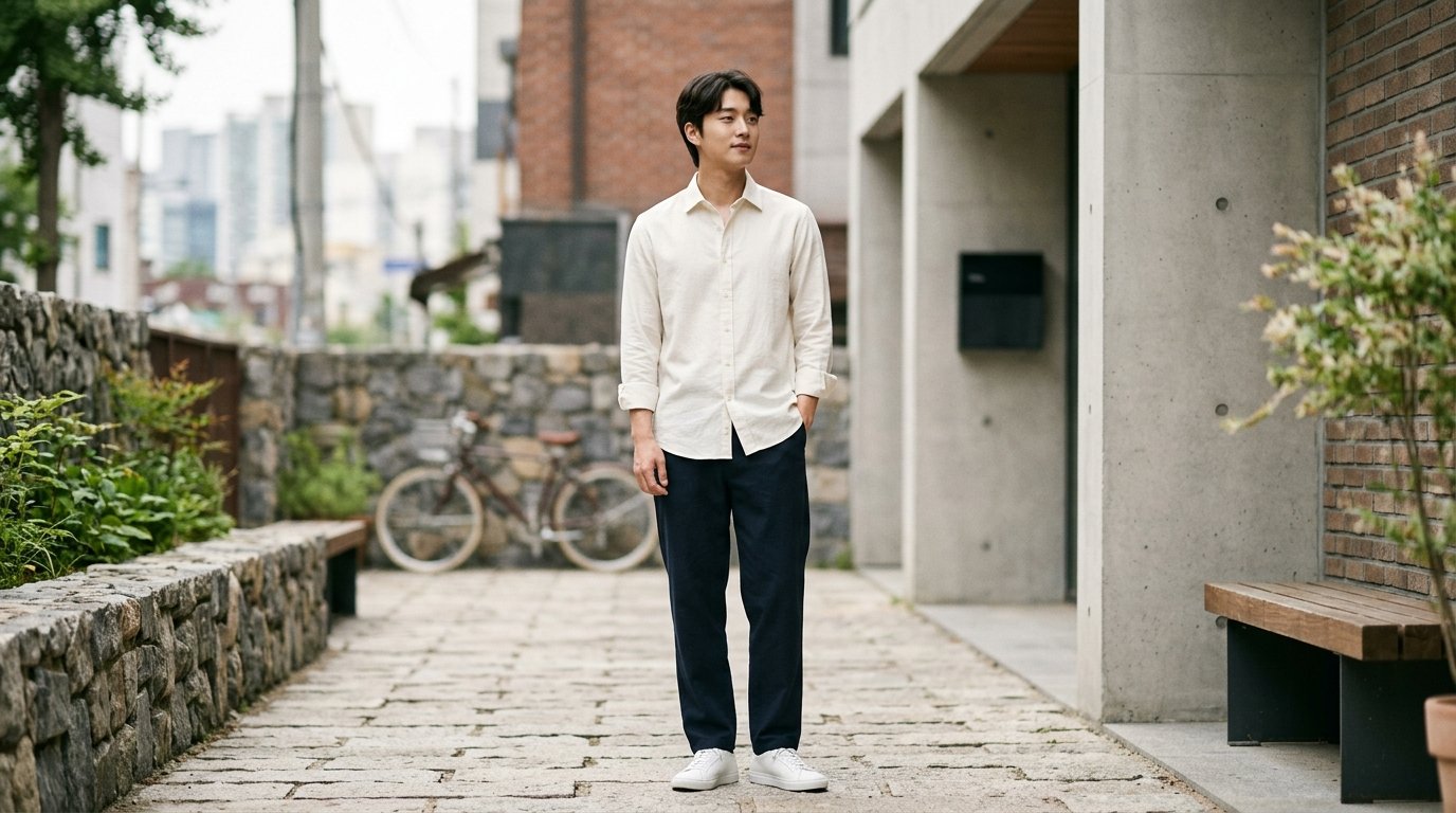 모던한 드레싱룸에서의 긴팔 셔츠 전시 모습