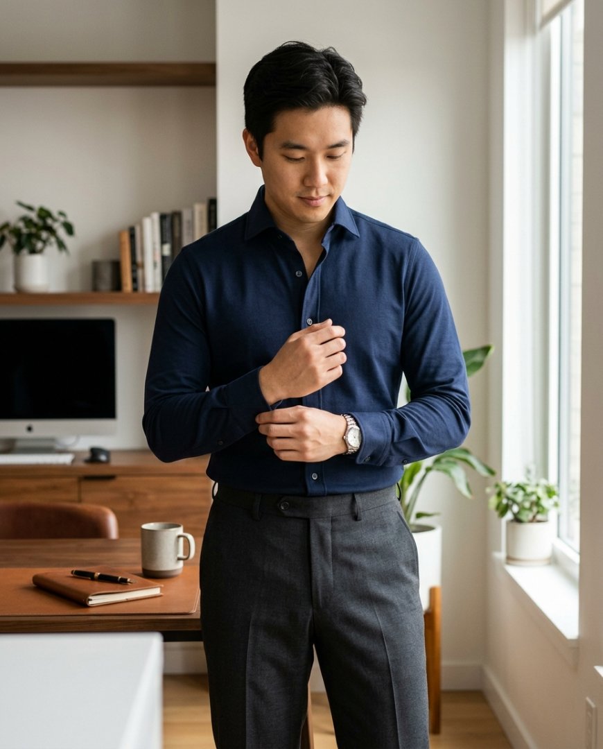 사무실에서 슬랙스와 깔끔한 셔츠 스타일