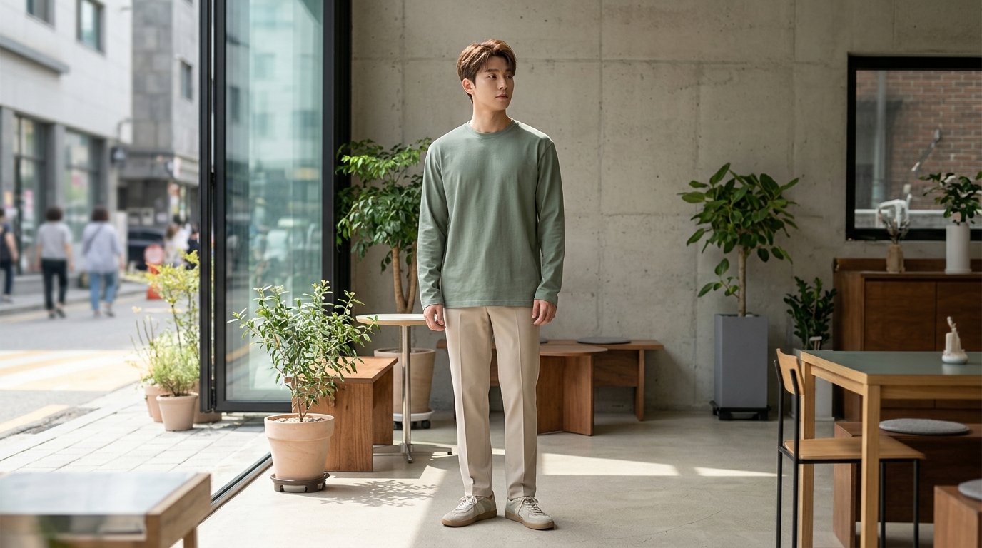 도심 배경 앞에서 긴팔티셔츠를 입은 모델의 전체 모습