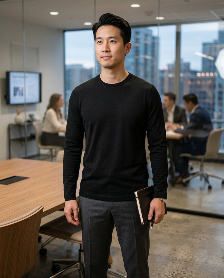사무실에서 긴팔티셔츠와 슬랙스, 블레이저를 입은 사람