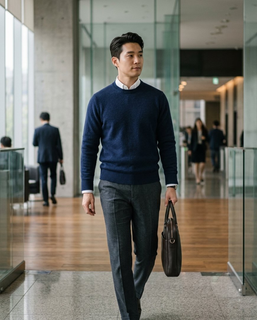 오피스룩: 블랙 스웨터와 슬랙스, 셔츠로 구성된 깔끔한 스타일