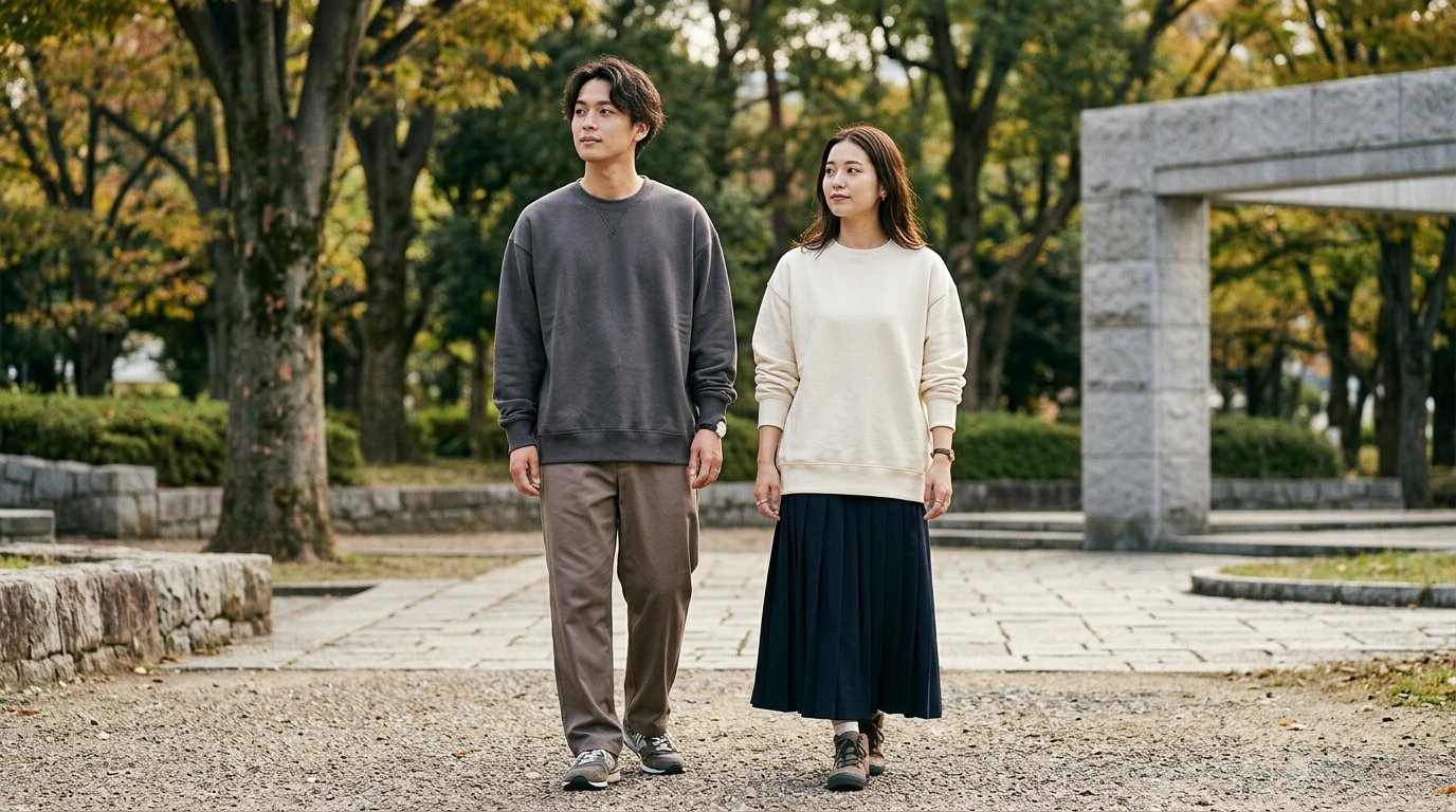 여러 마네킹에 다양한 맨투맨이 걸려 있는 모습