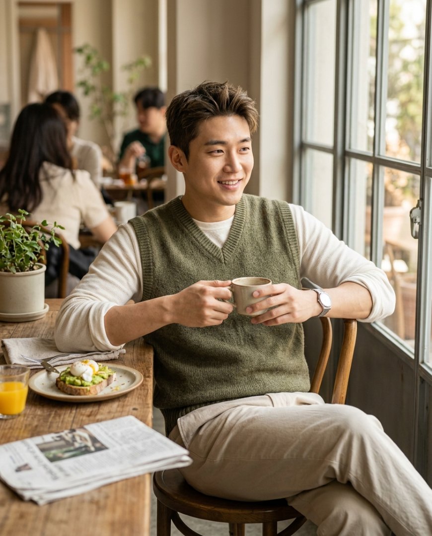 주말 브런치 장소에서 네이비 반팔티와 데님을 입은 모습