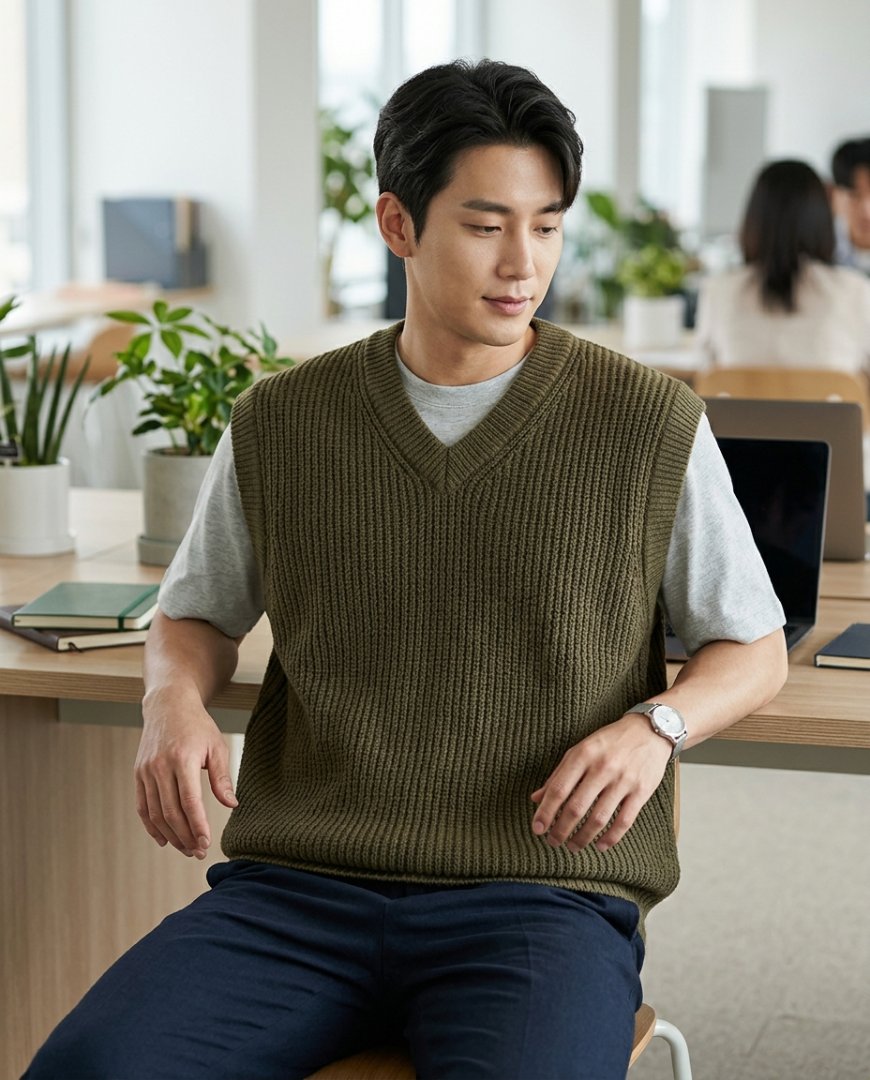 사무실 책상 위에 놓인 어두운 색상의 상의와 하의