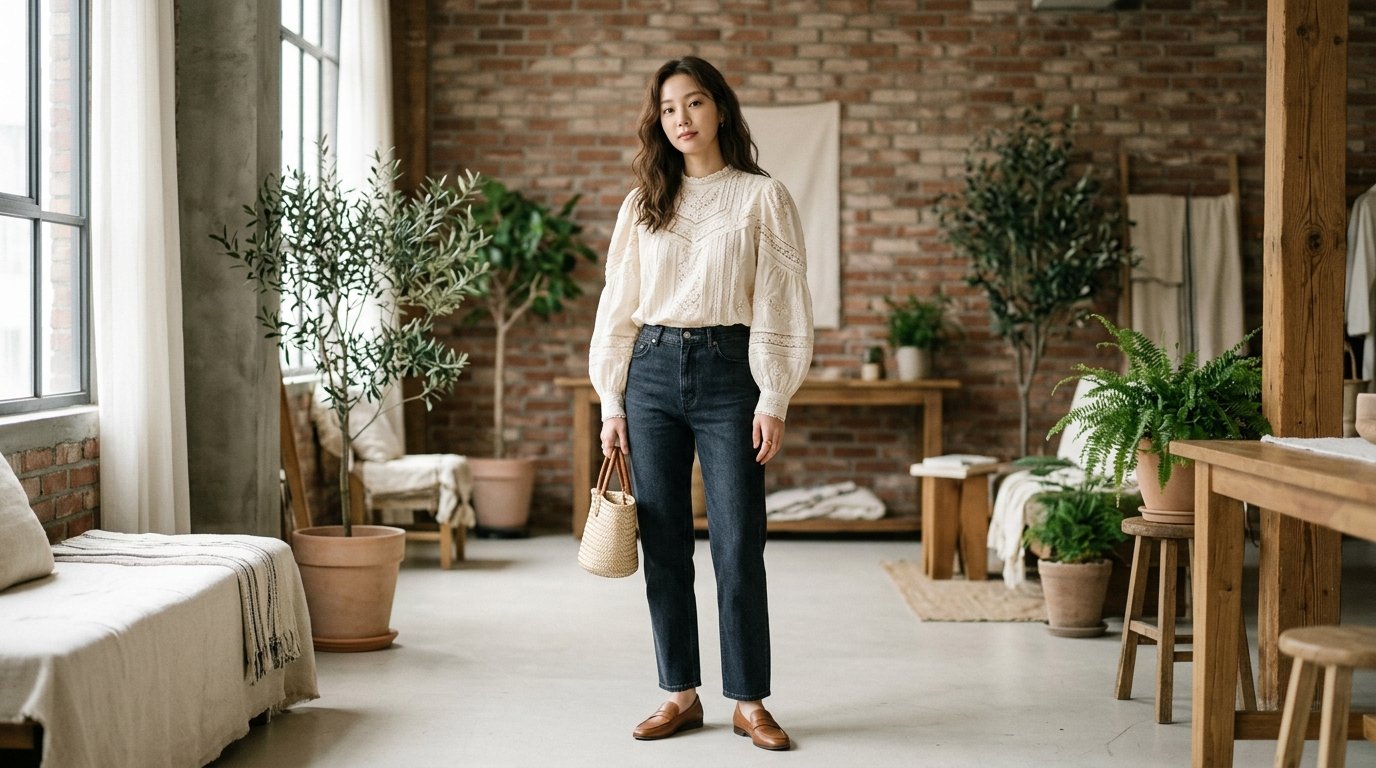 다양한 디자인의 블라우스가 조명을 받으며 배치되어 있는 장면