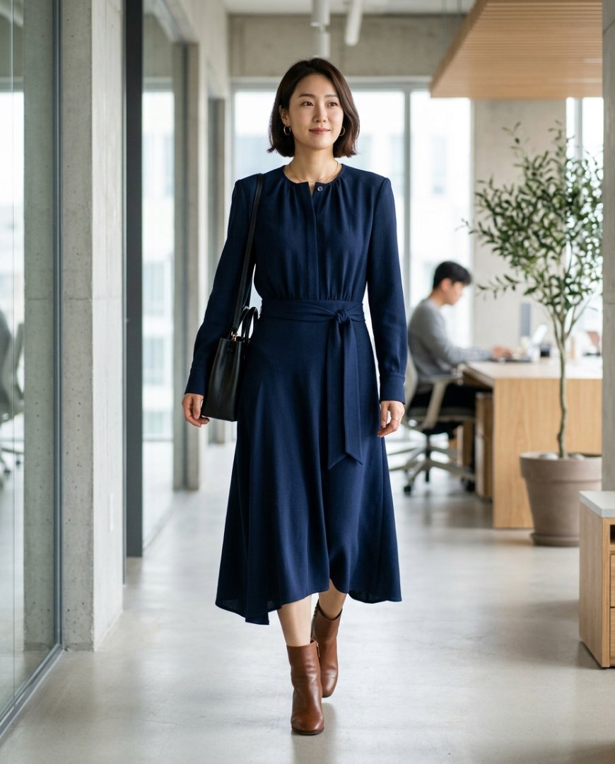 오피스 공간에서 원피스와 로퍼