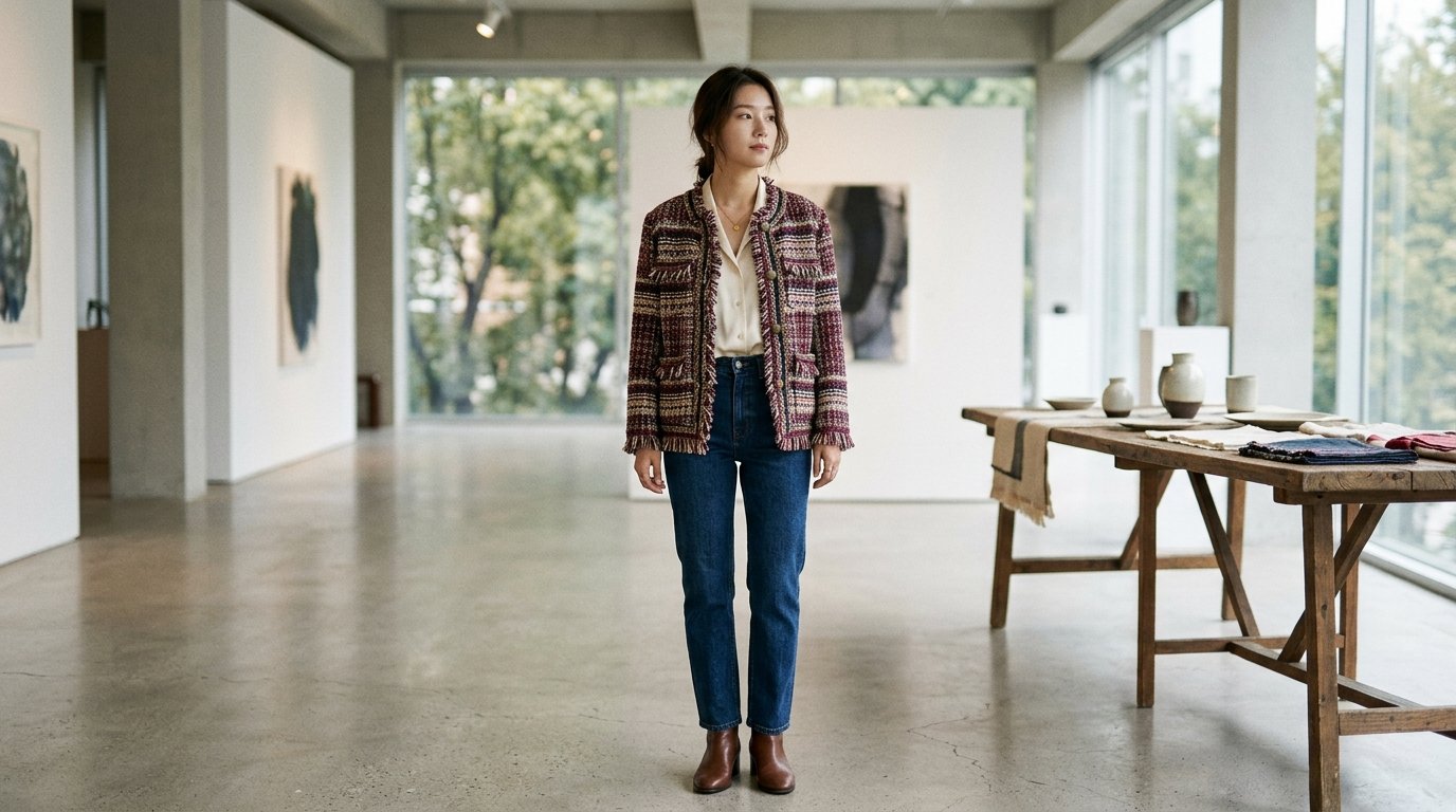 도시 거리를 걷는 커플이 각기 다른 자켓을 입고 있는 장면