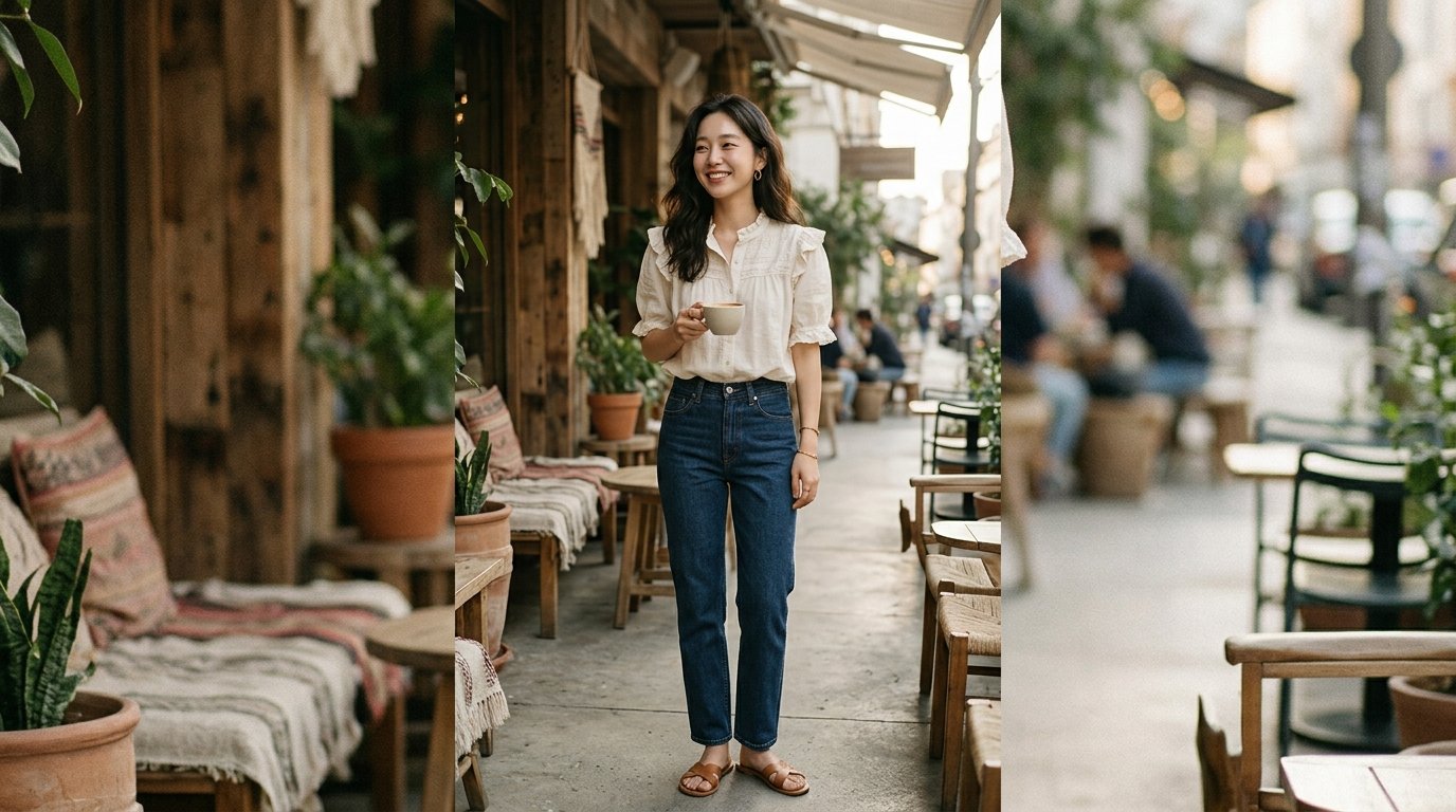 다양한 반팔 블라우스가 걸려 있는 옷장