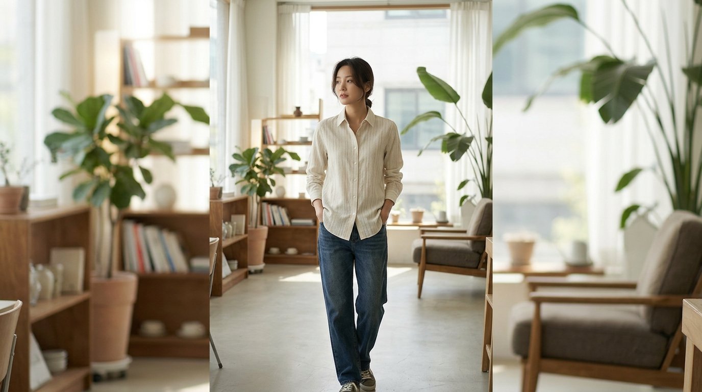 여러 상황에서 긴팔 셔츠를 입은 모습
