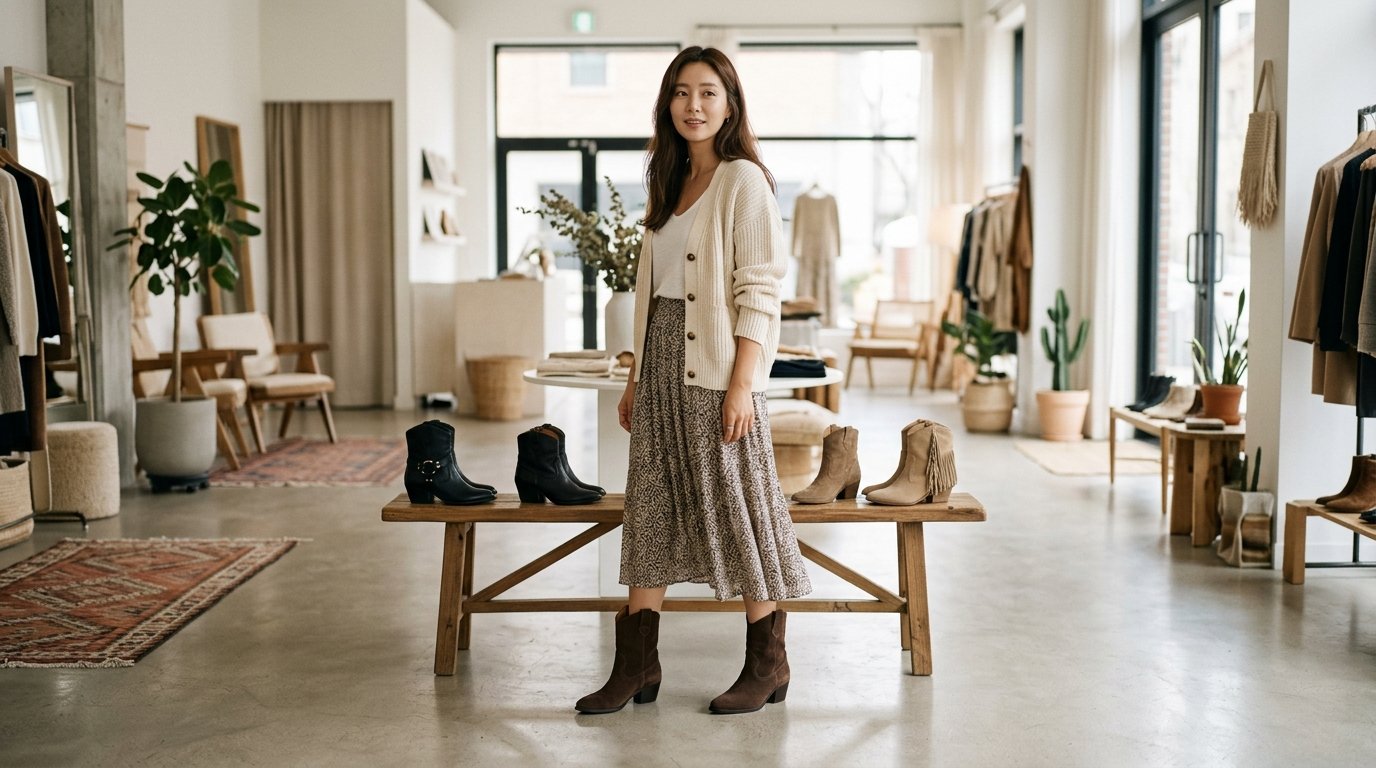 다양한 숏부츠들이 나무 바닥에 놓여 있는 장면