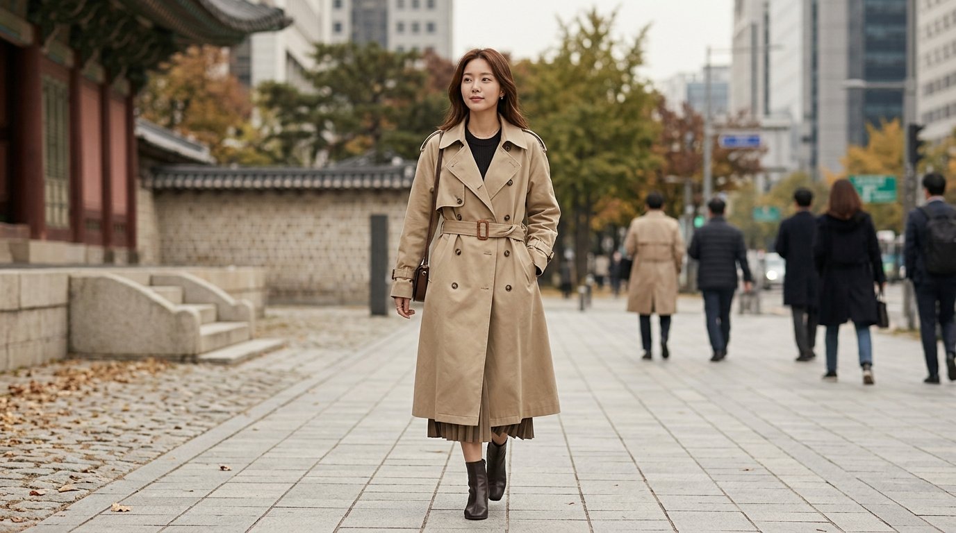 도심 거리에서 클래식 트렌치코트를 입은 모델