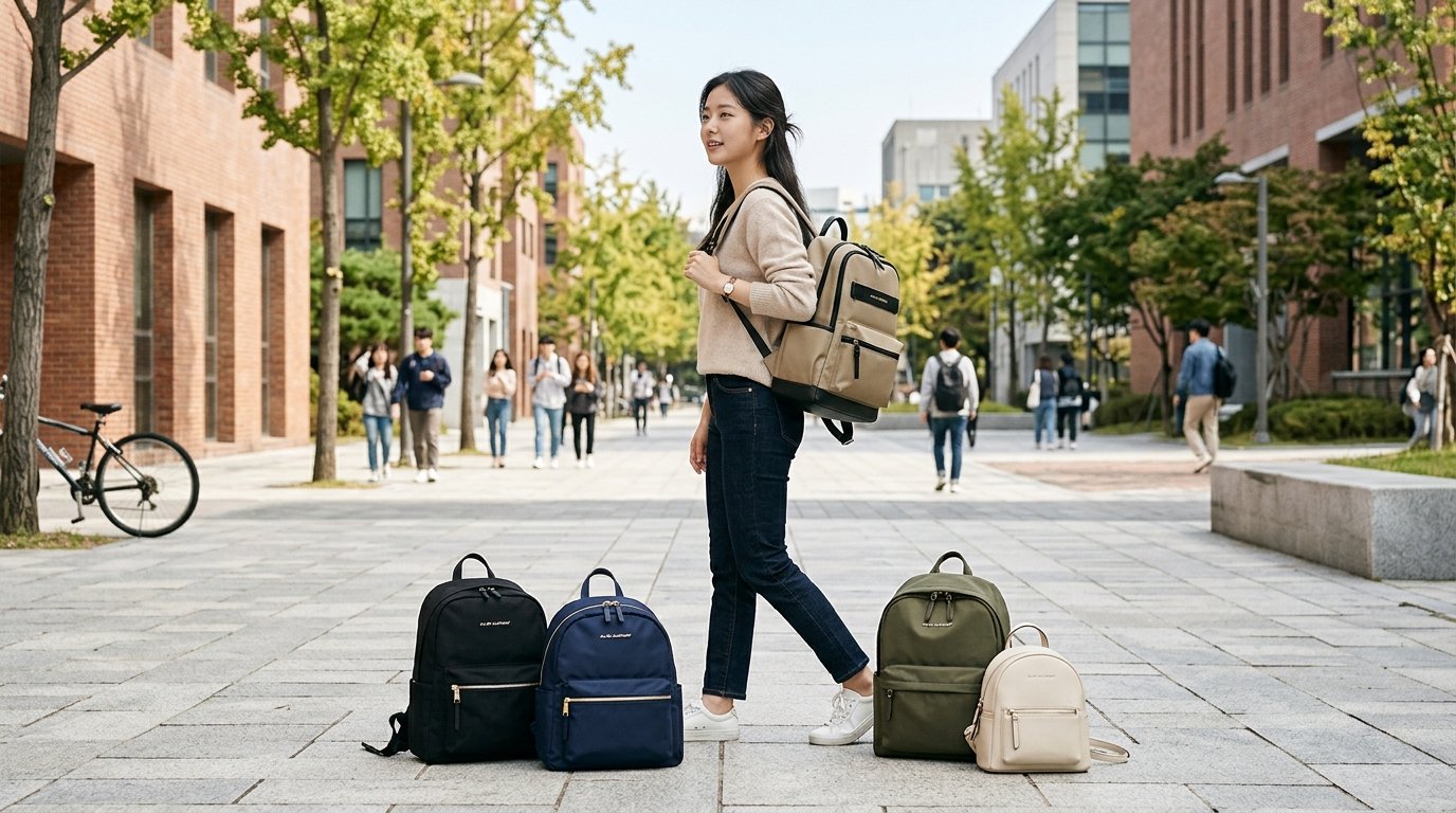 도심의 거리에서 여러 사람이 다양한 백팩을 착용하고 있는 장면