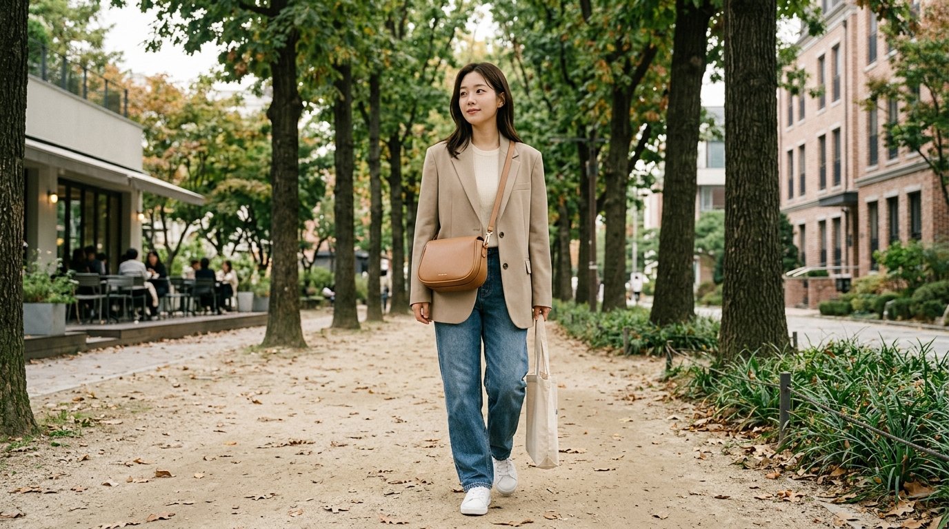 현대적 건물 앞 크로스백 착용 모델 전신 모습