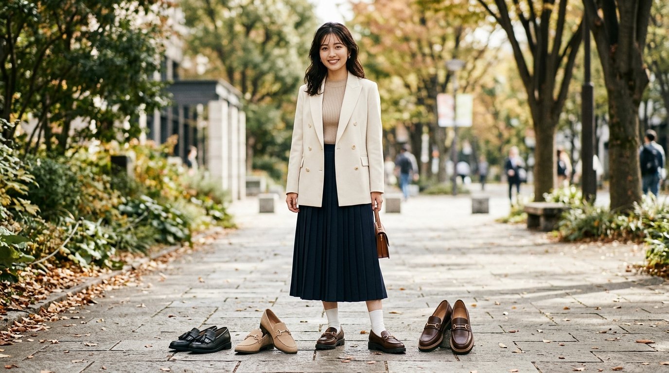 도시 거리 배경의 남성이 로퍼 착용 모습