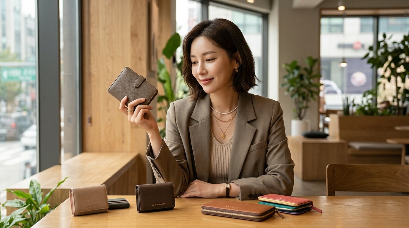 백화점에서 전시된 다양한 지갑 모습