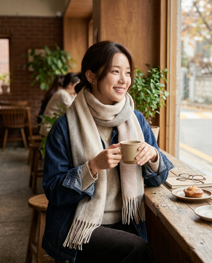 캐주얼한 일상의 데님 자켓과 캐시미어 머플러