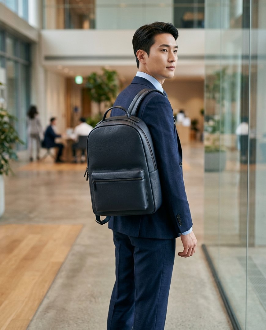 실내에서 정장을 입고 백팩을 멘 비즈니스맨