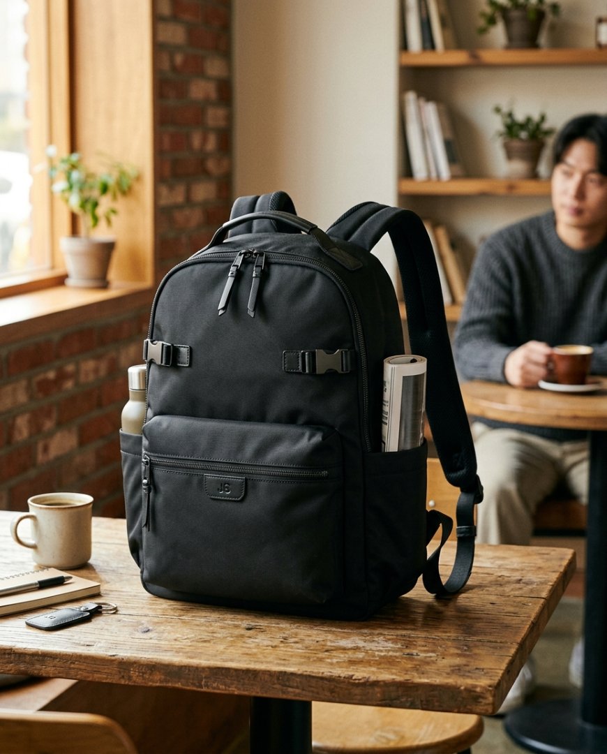 도심 거리에서 데님과 백팩을 멘 캐주얼한 착장