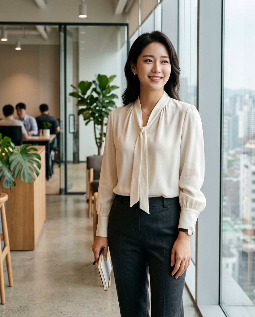 블랙 긴팔블라우스와 슬랙스를 입은 직장인
