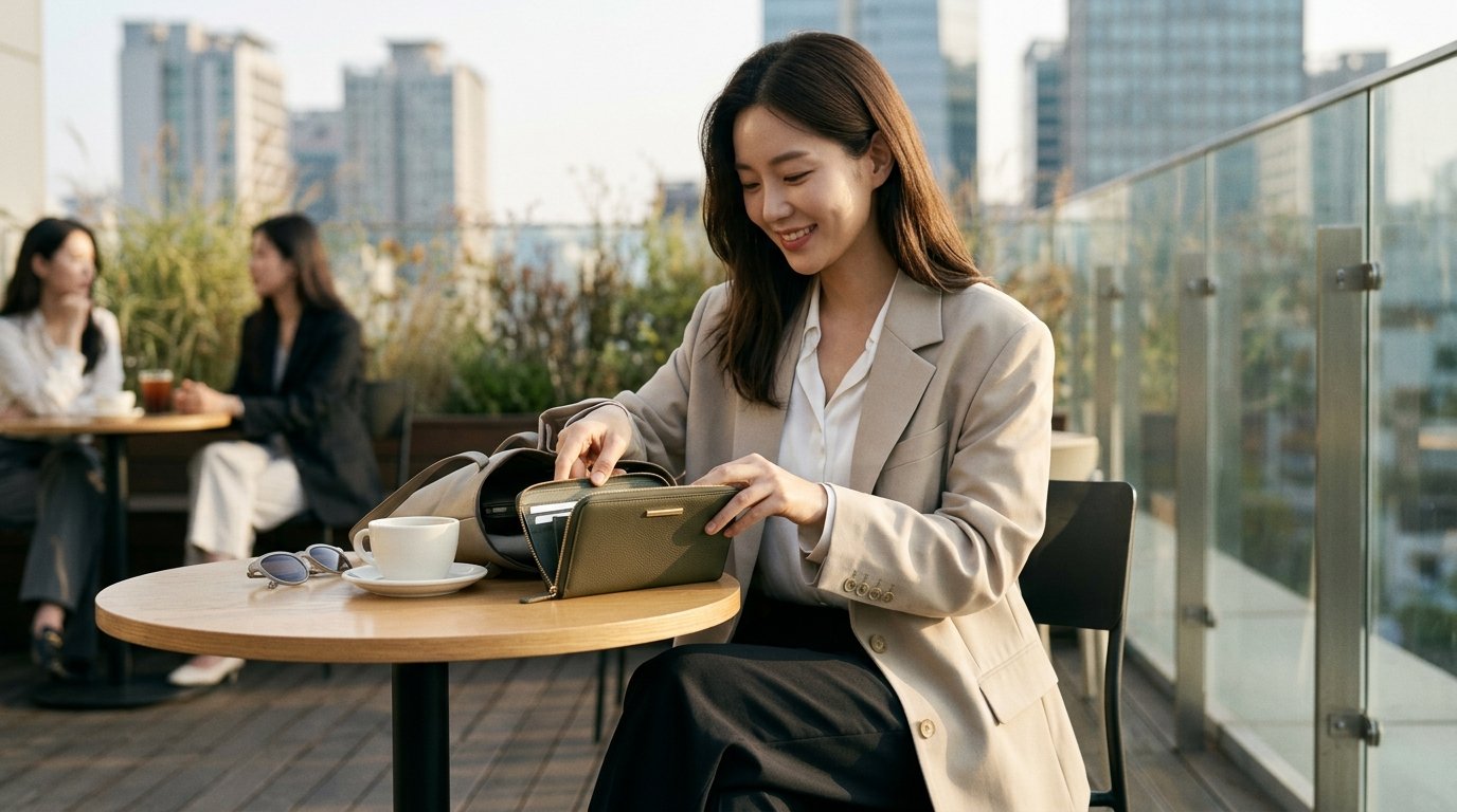 다양한 색상과 형태의 가죽 지갑이 테이블에 놓여 있습니다.