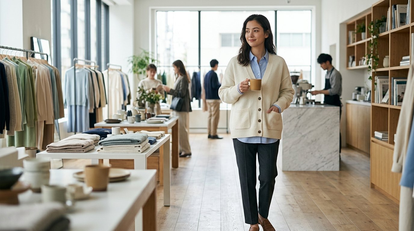 도시 거리에서 가디건을 입고 산책하는 모습