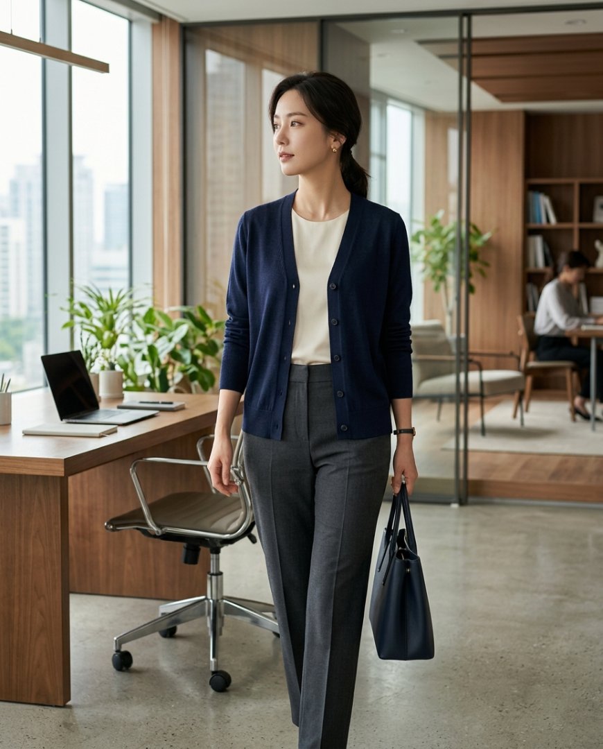 도심의 카페에서 가디건과 슬랙스를 입은 여성