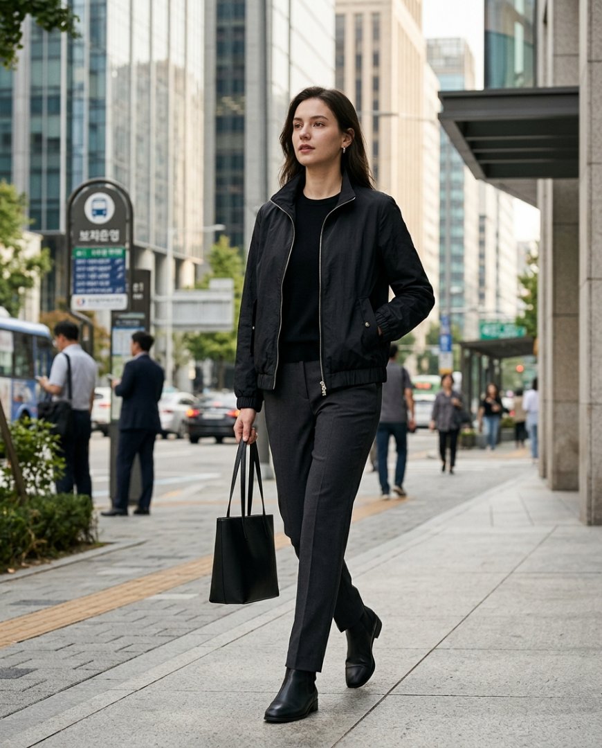 사무실에서 입은 블랙 캐주얼점퍼와 슬랙스