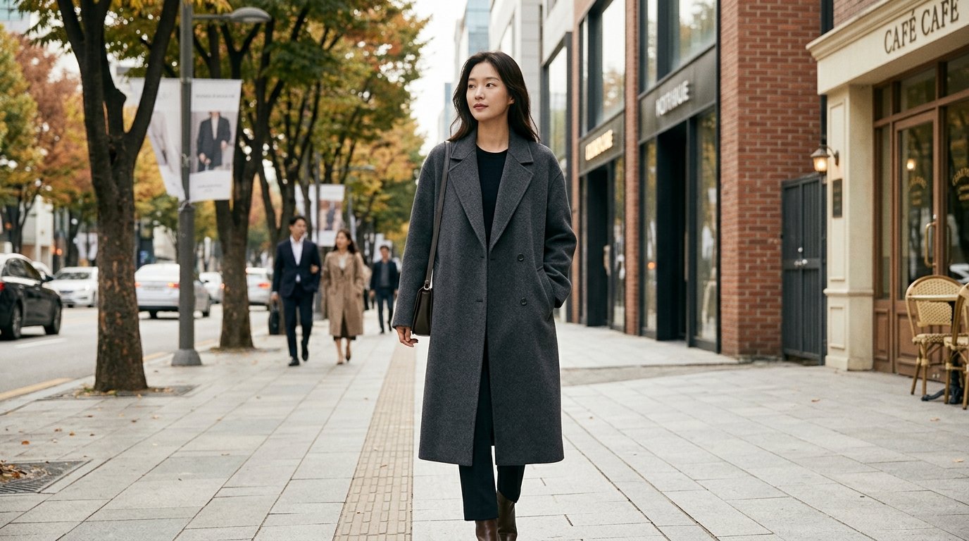 도시 거리를 배경으로 한 다채로운 코트 스타일링