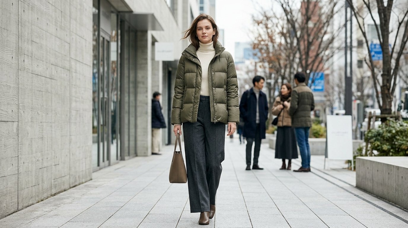도심에서 다운점퍼를 입은 사람들