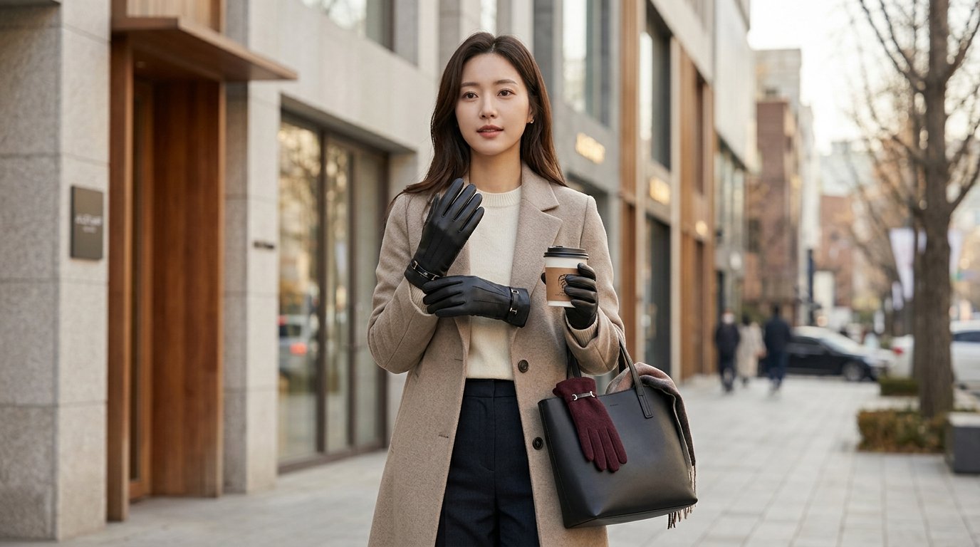 패션 매장에서 다양한 장갑이 진열된 모습