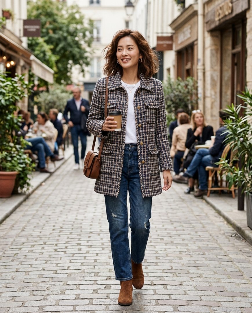캐주얼 하프자켓과 데님으로 구성한 주말 룩