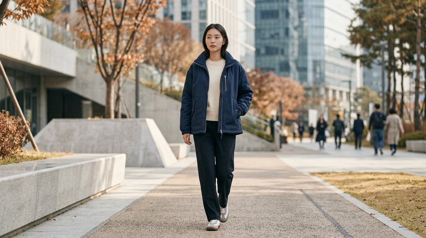 도시 골목에서 캐주얼한 점퍼를 입고 포즈를 취한 모델