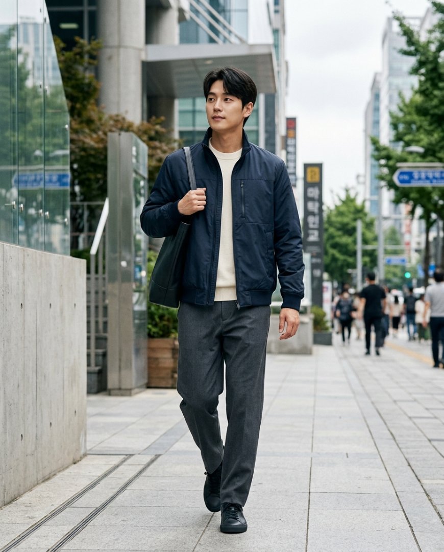 모델이 현대식 건물 벽에 기댄 채 미니멀한 점퍼를 입고 있는 모습
