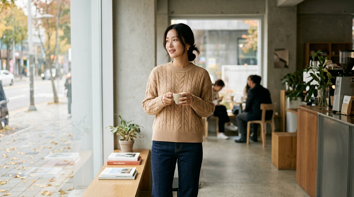 뉴욕 거리에서 네이비와 그레이 니트를 입은 모델들이 활보하는 전경.