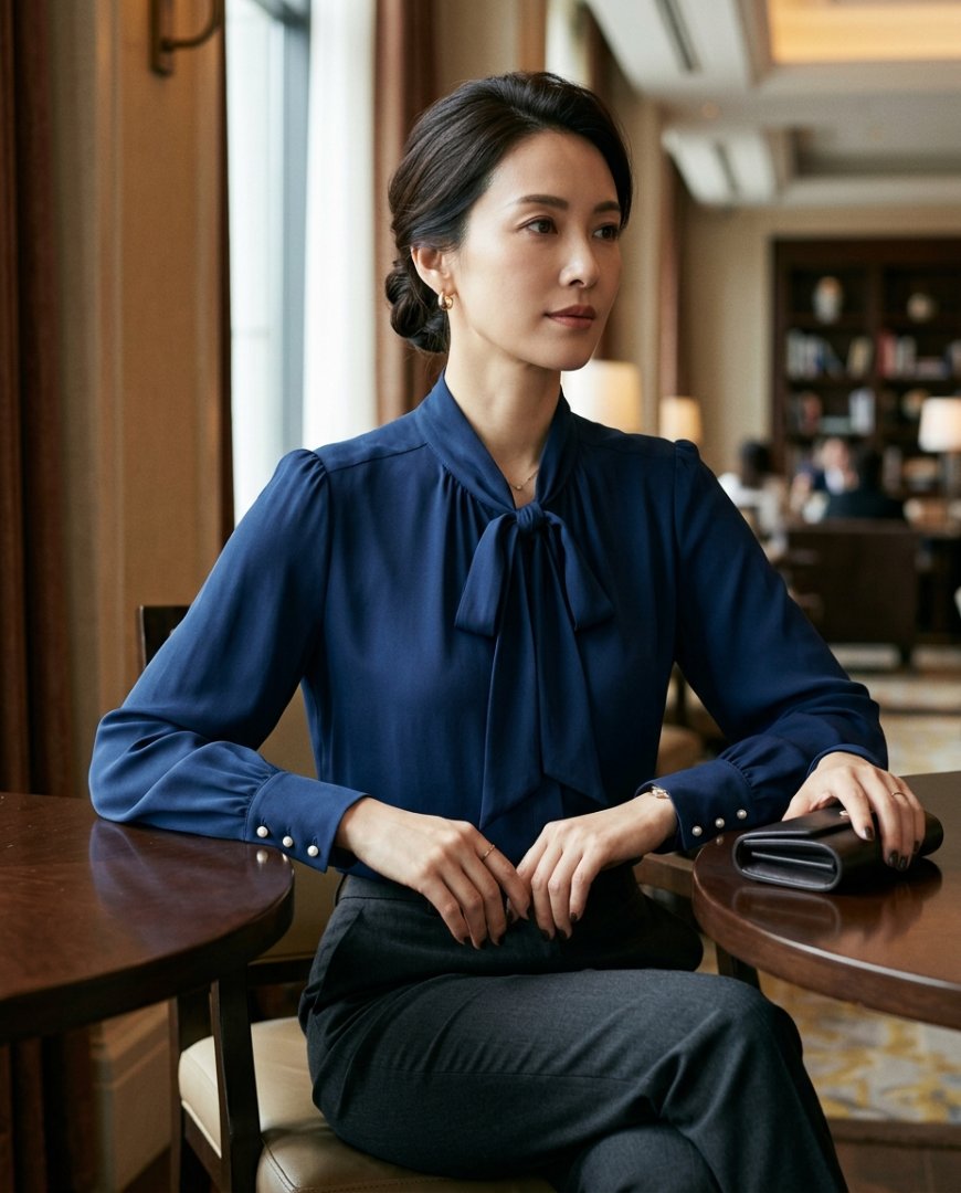 아이보리 블라우스와 블랙 스커트를 입고 있는 고급스러운 식사 자리