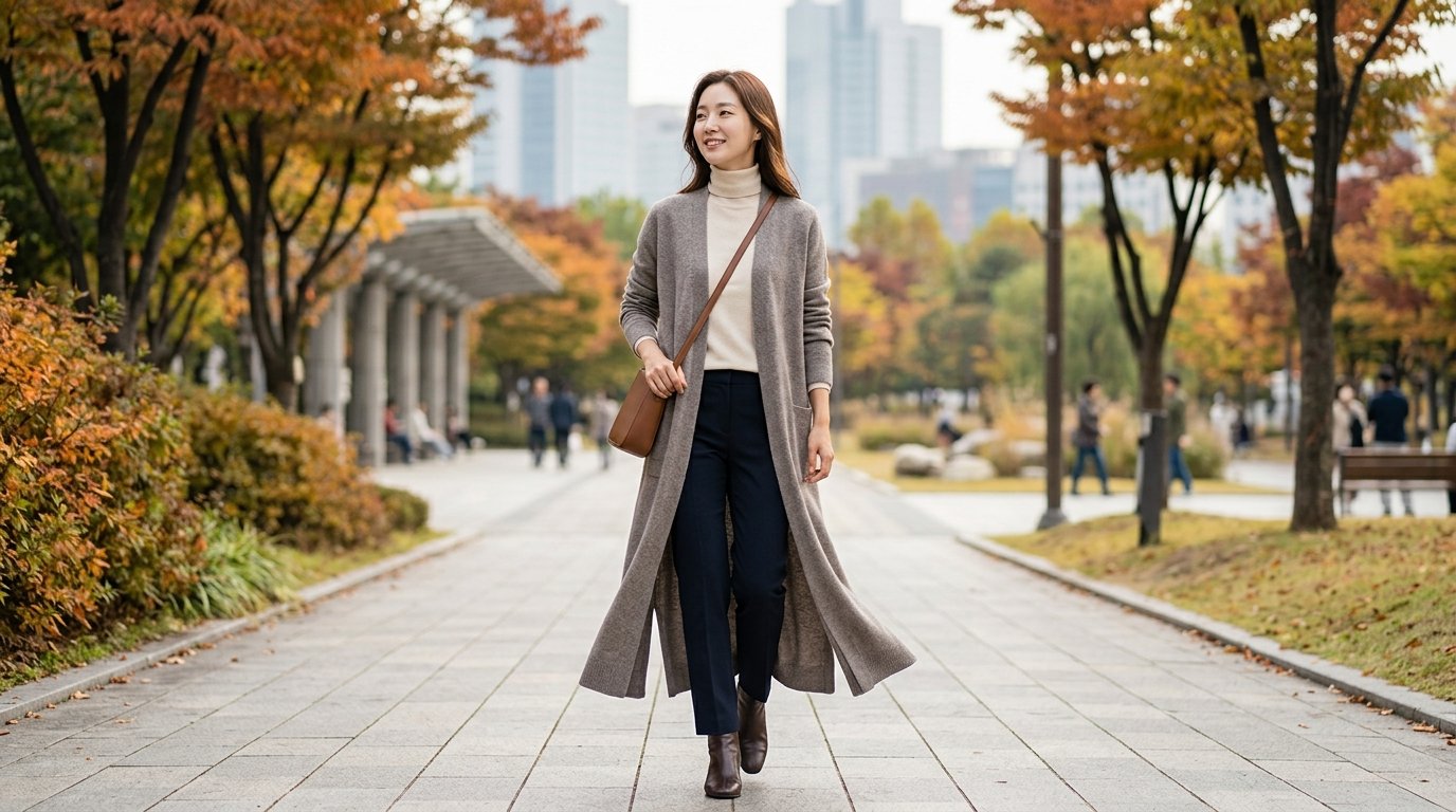 도심 공원에서 롱가디건을 입고 산책 중인 모델들
