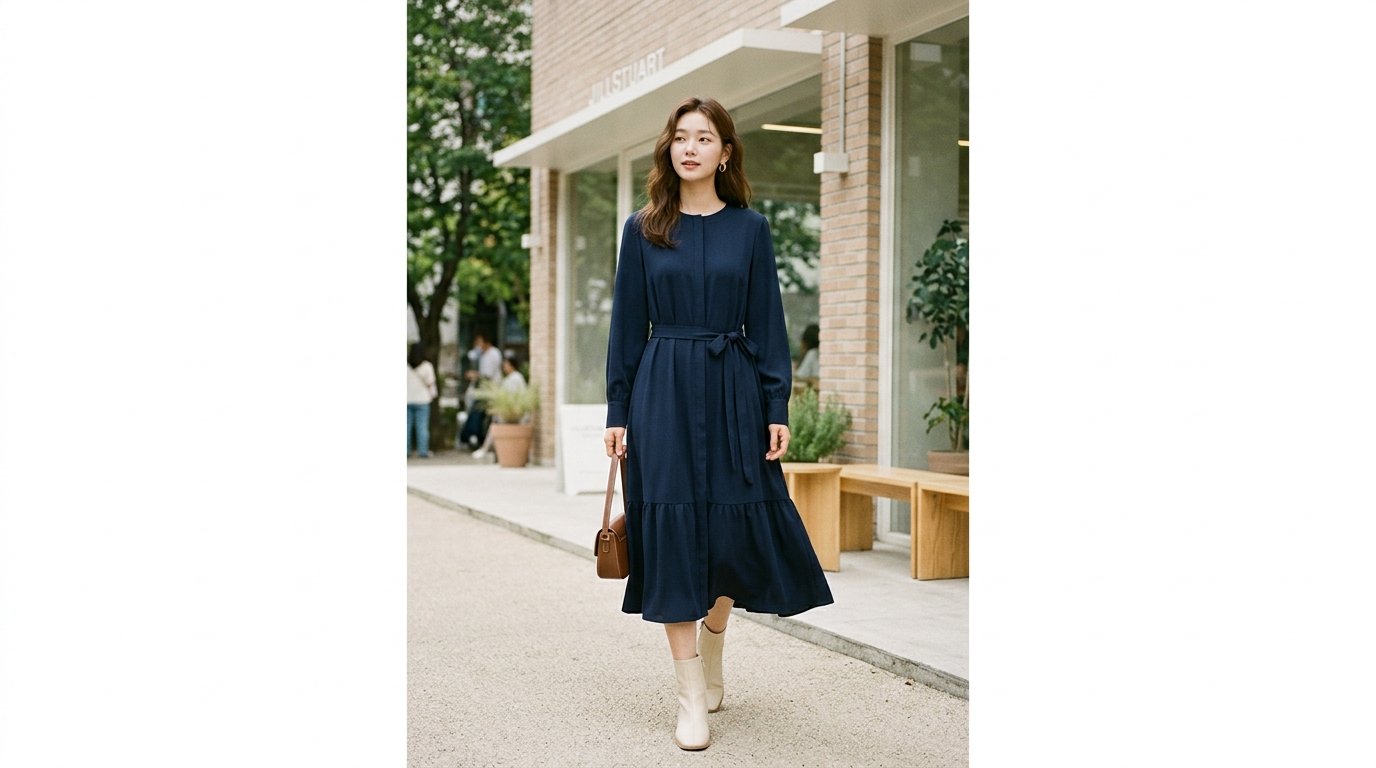 블랙 긴팔 원피스를 입은 모델, 도시 거리에서 입니다.