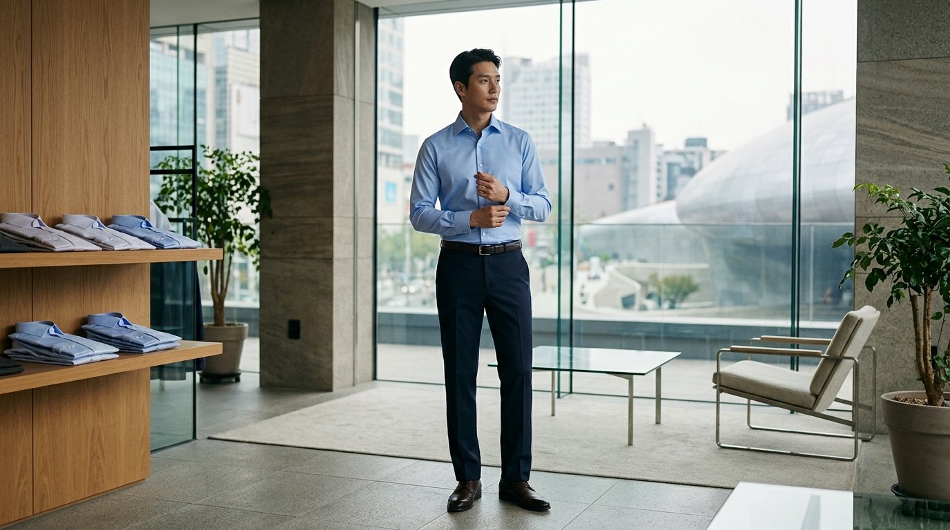 정돈된 오피스 공간에서 다양한 드레스 셔츠가 정렬된 모습