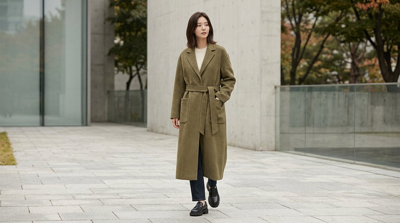 모델이 넓은 공원에서 다양한 포즈로 롱자켓 착용 중