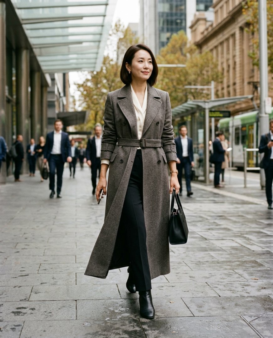 도심 거리에서 네이비 자켓을 입은 모델